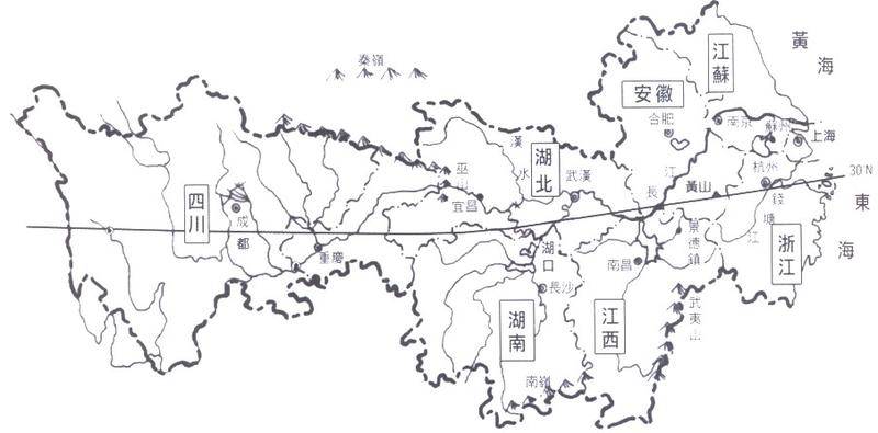 图片中间带方框的"湖北"两字左侧的那条江就是"汉水",右侧就是"武汉"图片